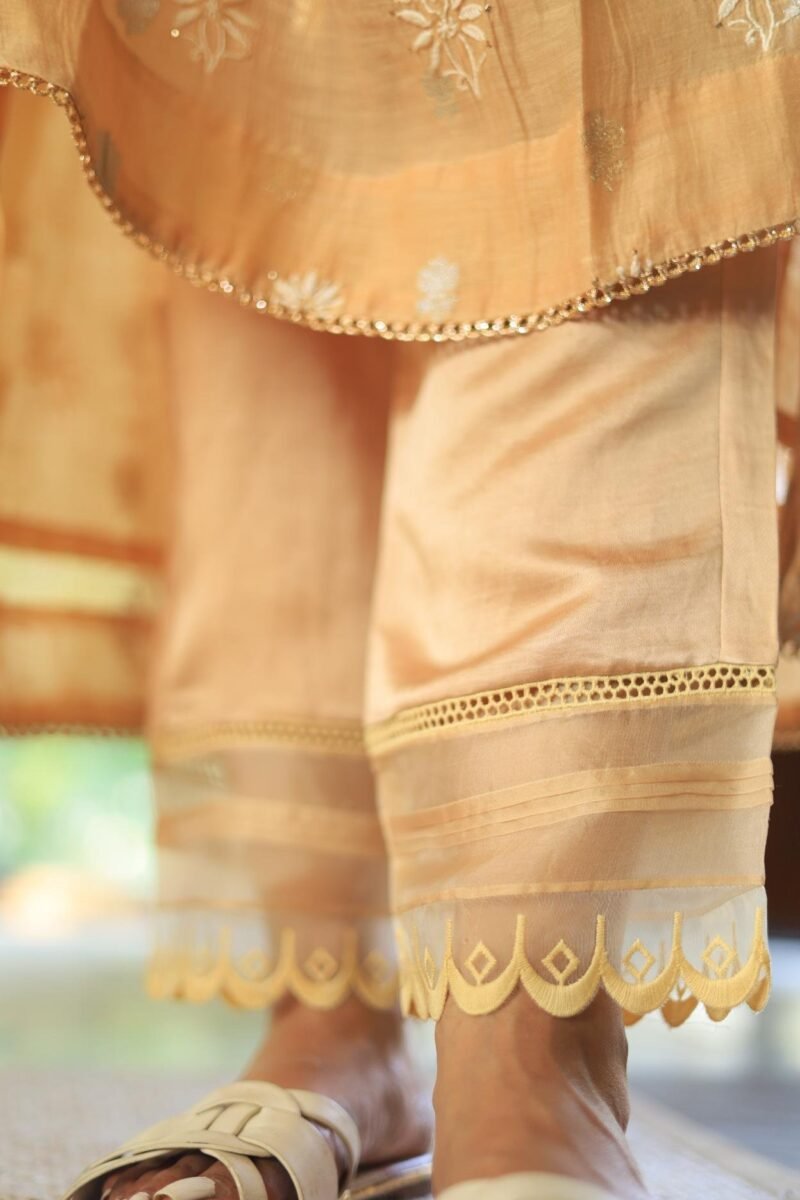 Satin Linen Beige Straight Pant With Organza Lace & One Side Pocket