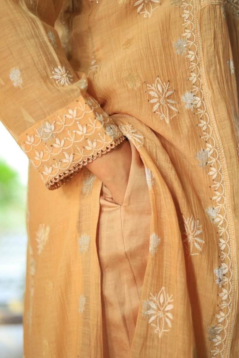 Satin Linen Beige Straight Pant With Organza Lace & One Side Pocket
