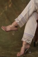 Satin Linen Off White Straight Pant With Organza Lace & One Side Pocket