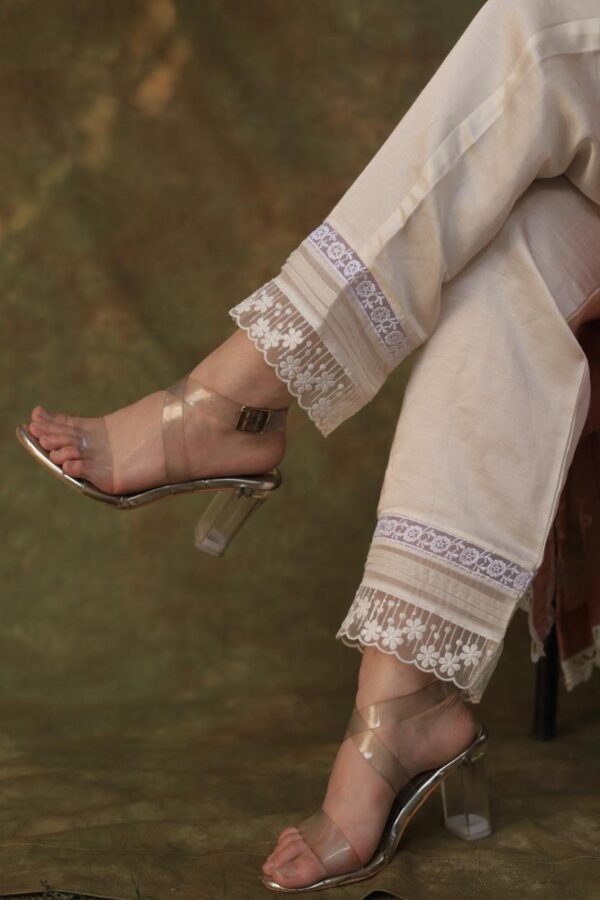 Satin Linen Off White Straight Pant With Organza Lace & One Side Pocket - Image 2