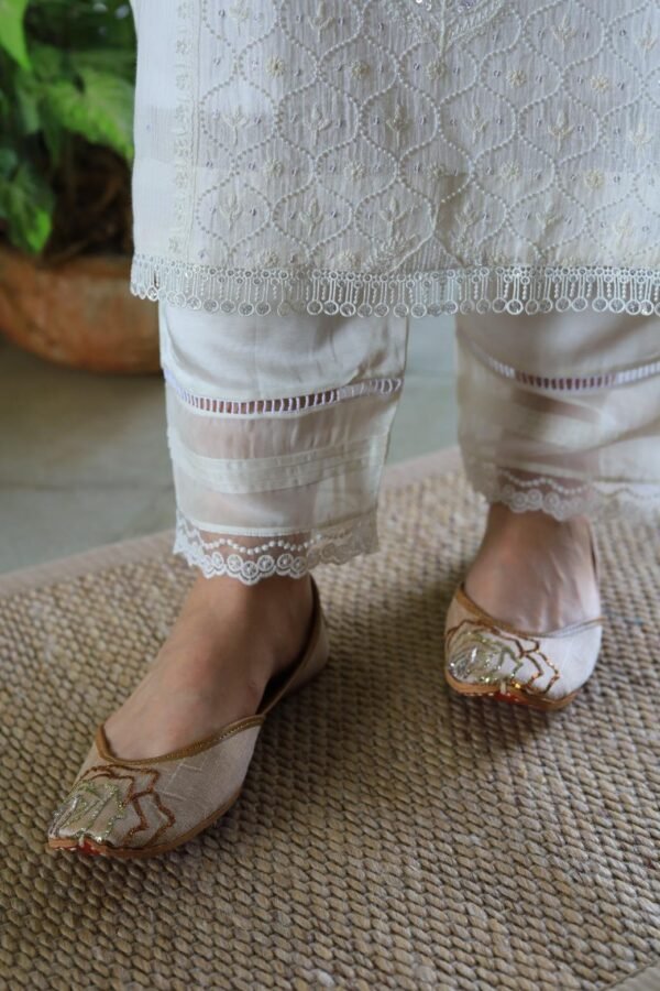Satin Linen White Straight Pant With Organza Lace & One Side Pocket