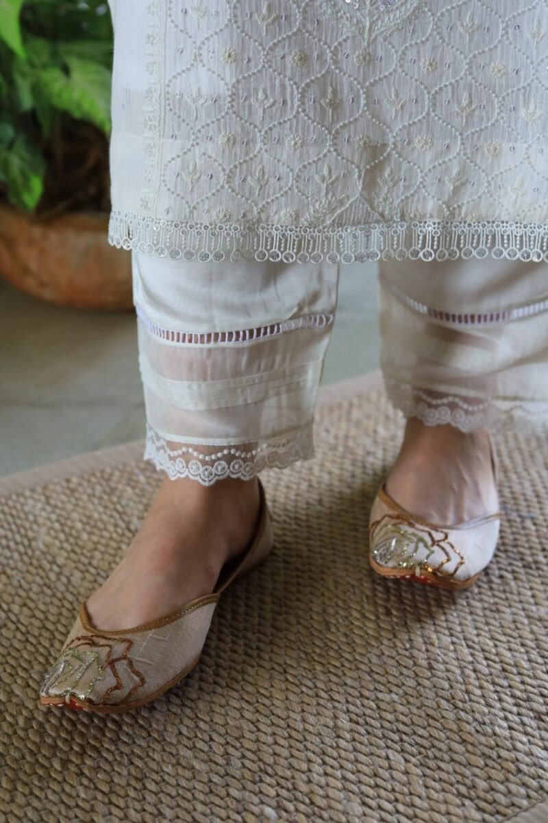 Satin Linen White Straight Pant With Organza Lace & One Side Pocket