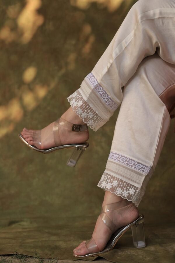 Satin Linen Off White Straight Pant With Organza Lace & One Side Pocket