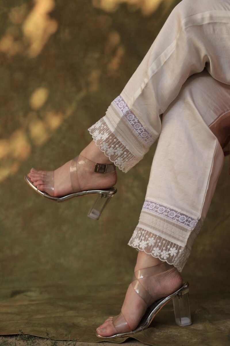Satin Linen Off White Straight Pant With Organza Lace & One Side Pocket