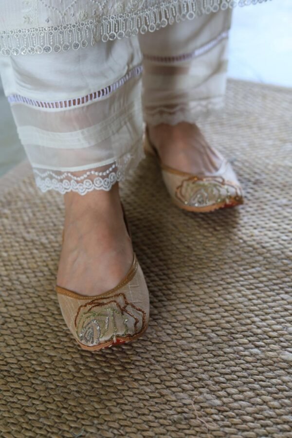 Satin Linen White Straight Pant With Organza Lace & One Side Pocket - Image 3