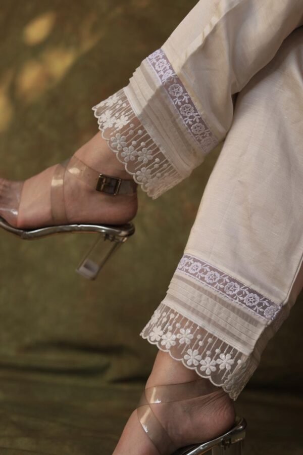 Satin Linen Off White Straight Pant With Organza Lace & One Side Pocket - Image 4
