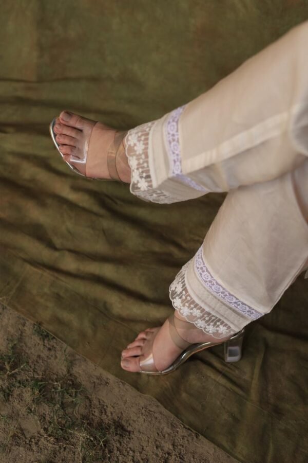 Satin Linen Off White Straight Pant With Organza Lace & One Side Pocket - Image 5