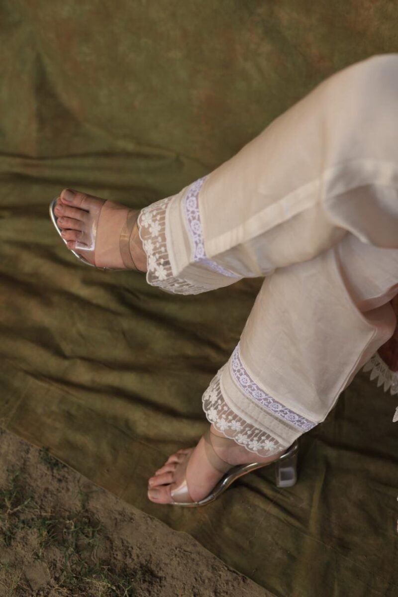 Satin Linen Off White Straight Pant With Organza Lace & One Side Pocket