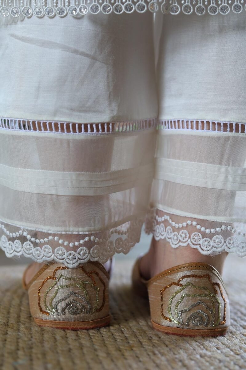 Satin Linen White Straight Pant With Organza Lace & One Side Pocket