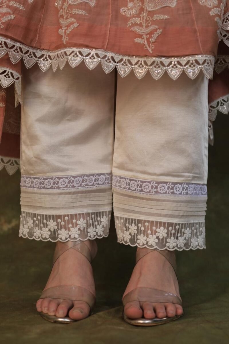 Satin Linen Off White Straight Pant With Organza Lace & One Side Pocket