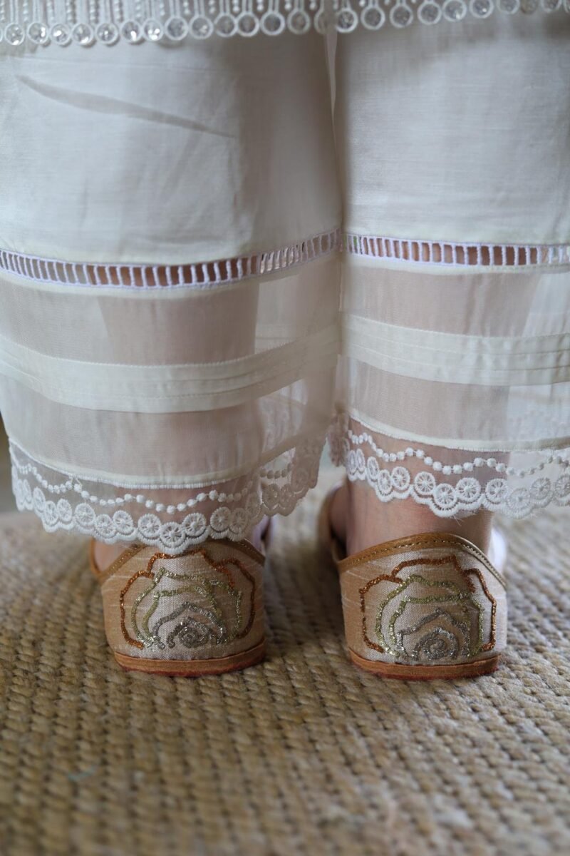 Satin Linen White Straight Pant With Organza Lace & One Side Pocket