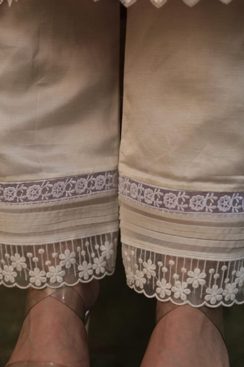 Satin Linen Off White Straight Pant With Organza Lace & One Side Pocket