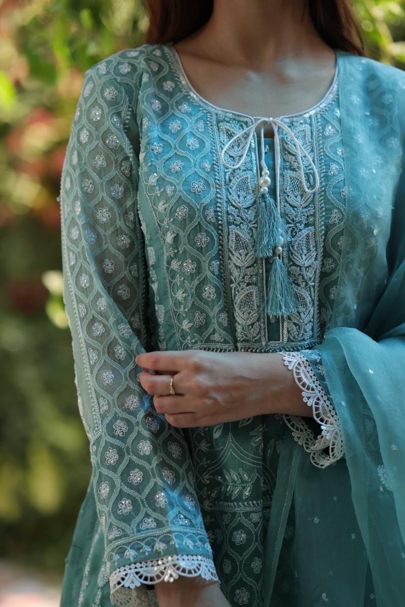 Sea Blue Shade Noor Organza Chikankari Anarkali With Dupatta