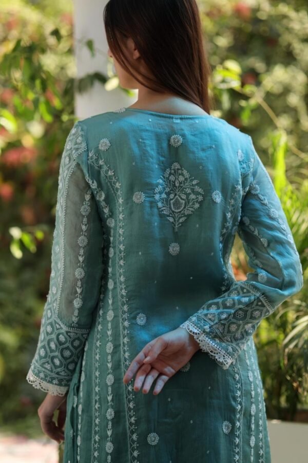 Sea Blue Shade Noor Organza Chikankari Anarkali With Dupatta - Image 11