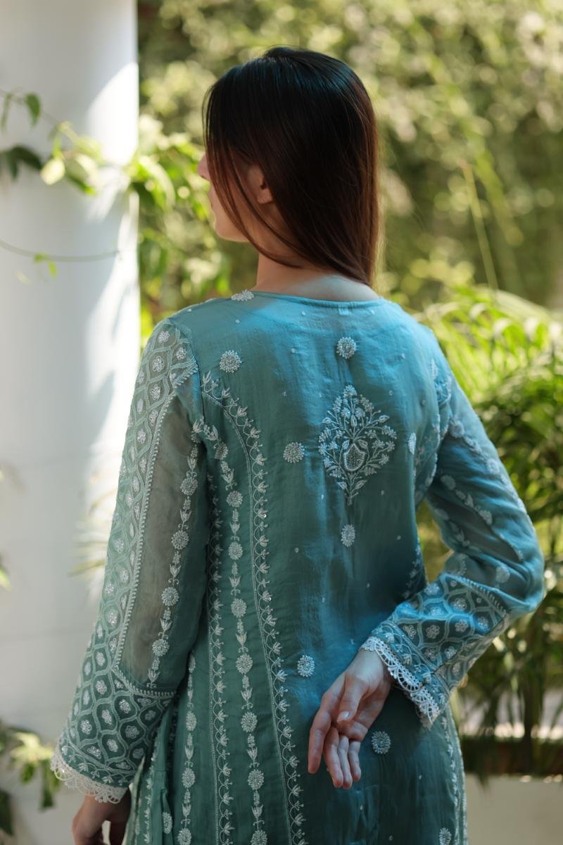 Sea Blue Shade Noor Organza Chikankari Anarkali With Dupatta