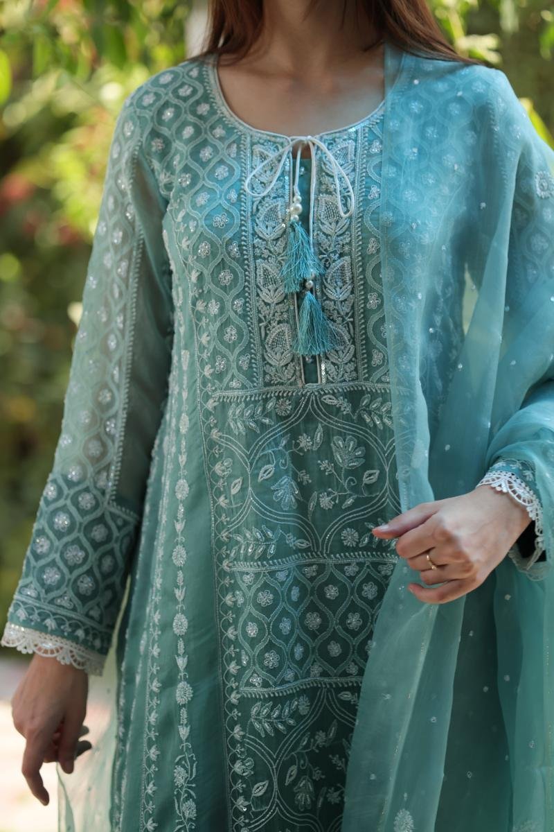 Sea Blue Shade Noor Organza Chikankari Anarkali With Dupatta