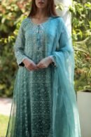 Sea Blue Shade Noor Organza Chikankari Anarkali With Dupatta