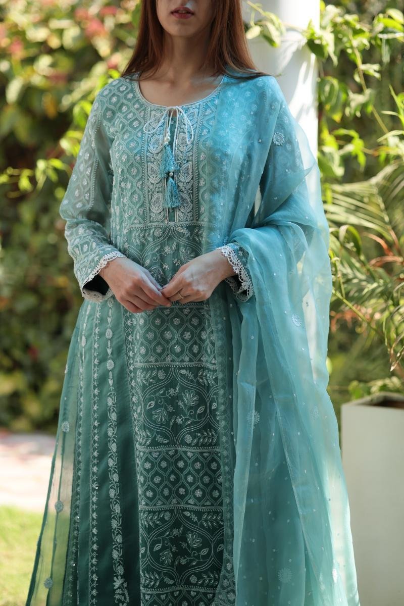 Sea Blue Shade Noor Organza Chikankari Anarkali With Dupatta