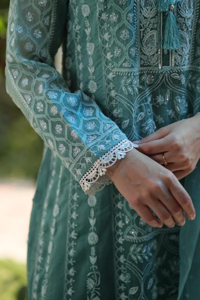 Sea Blue Shade Noor Organza Chikankari Anarkali With Dupatta