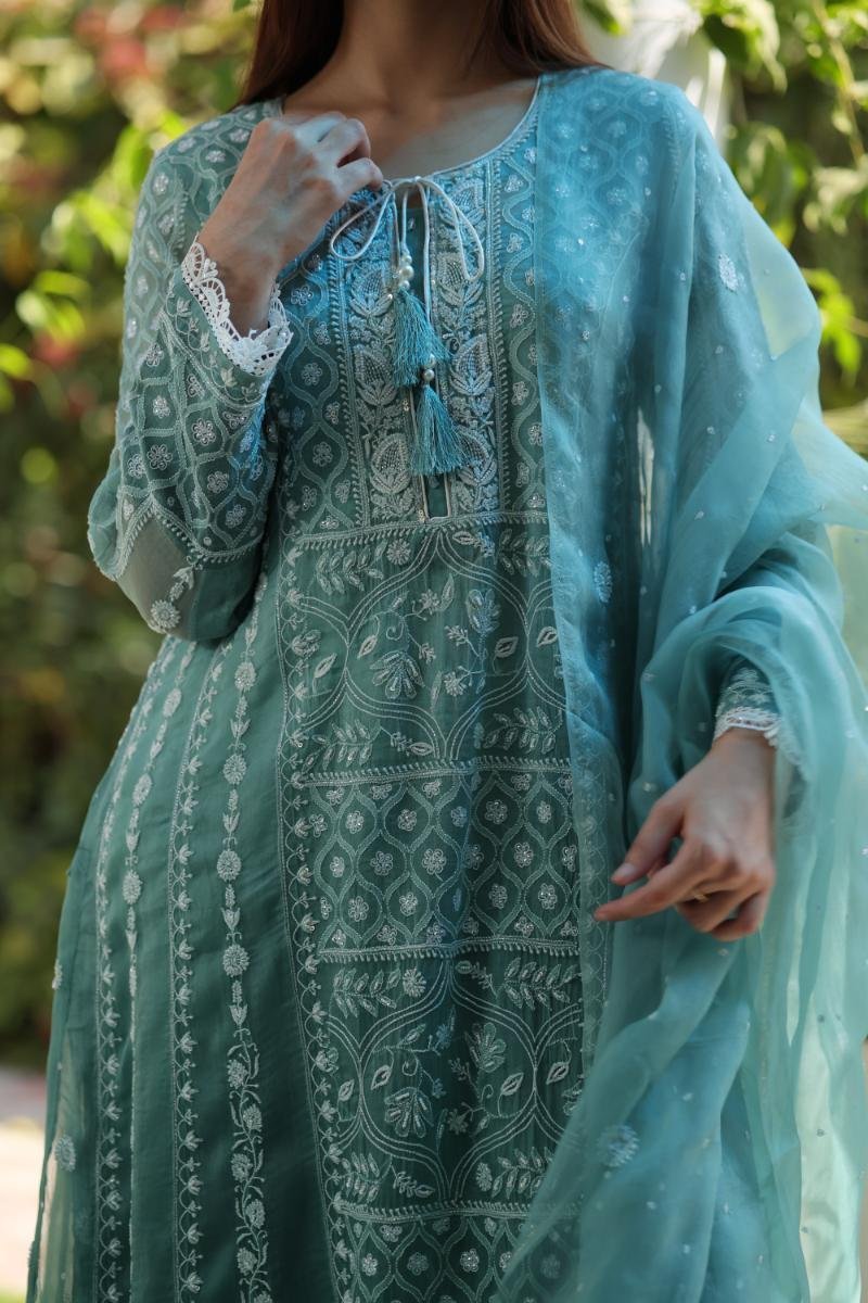 Sea Blue Shade Noor Organza Chikankari Anarkali With Dupatta