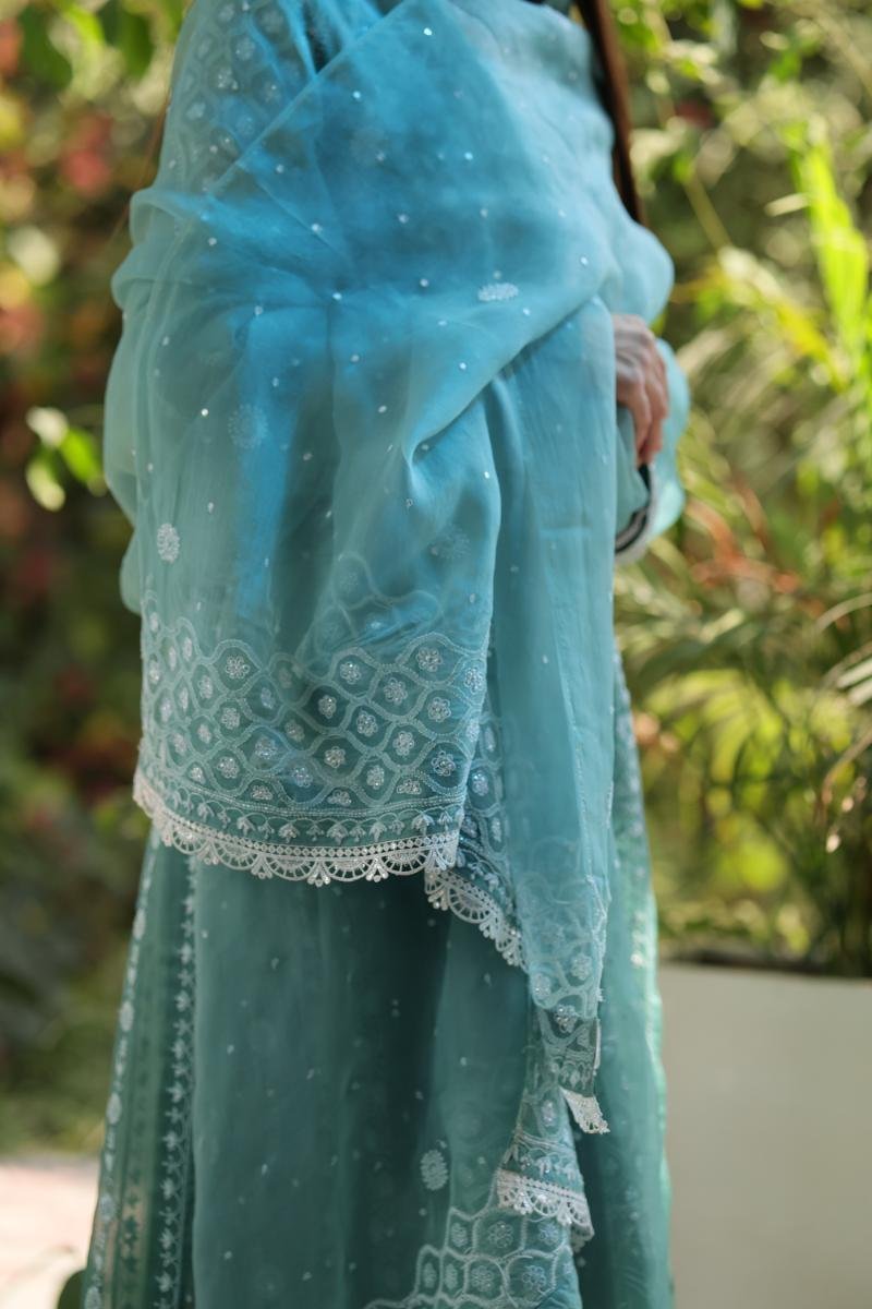 Sea Blue Shade Noor Organza Chikankari Anarkali With Dupatta