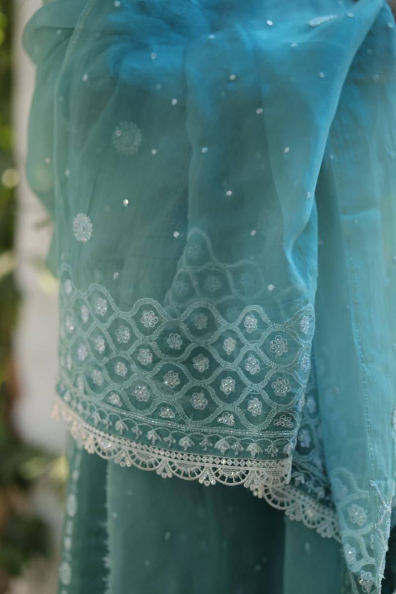 Sea Blue Shade Noor Organza Chikankari Anarkali With Dupatta