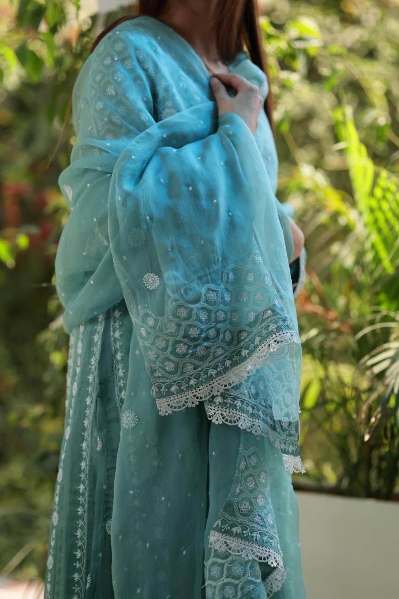 Sea Blue Shade Noor Organza Chikankari Anarkali With Dupatta