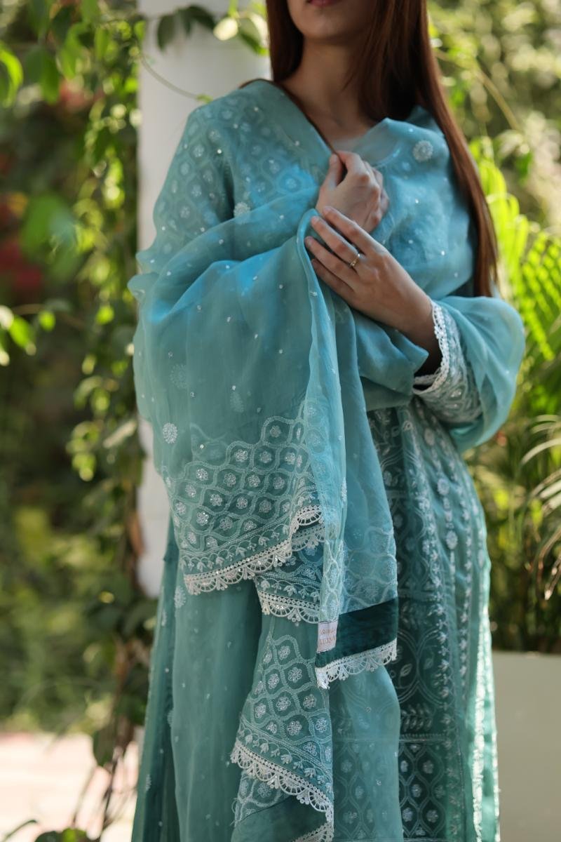 Sea Blue Shade Noor Organza Chikankari Anarkali With Dupatta