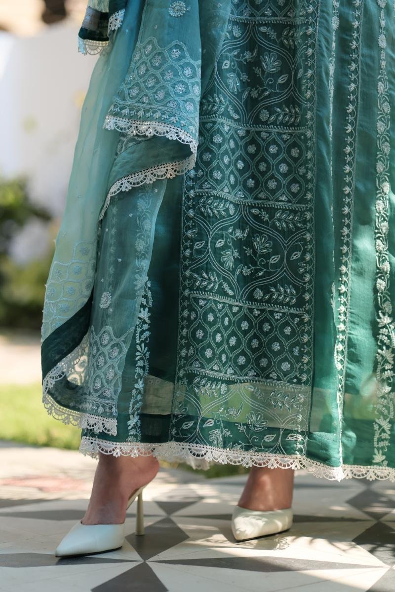Sea Blue Shade Noor Organza Chikankari Anarkali With Dupatta