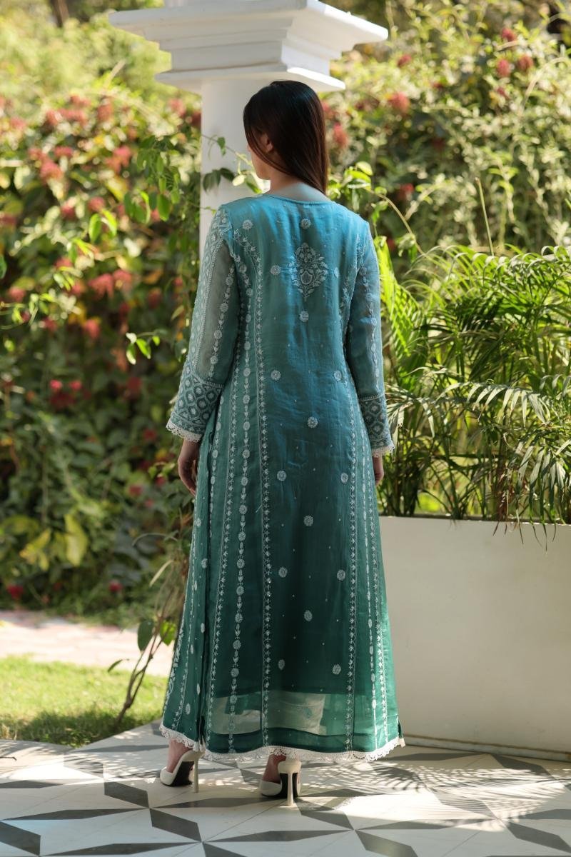 Sea Blue Shade Noor Organza Chikankari Anarkali With Dupatta