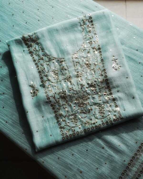 Sea Green Chanderi Mukaish Badla Unstitched Kurta Dupatta Set - Image 3