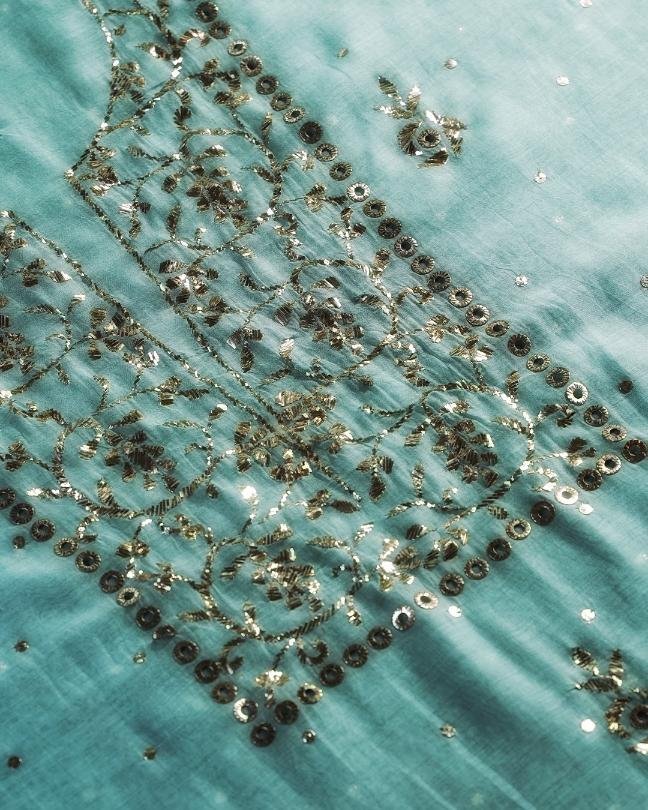 Sea Green Chanderi Mukaish Badla Unstitched Kurta Dupatta Set