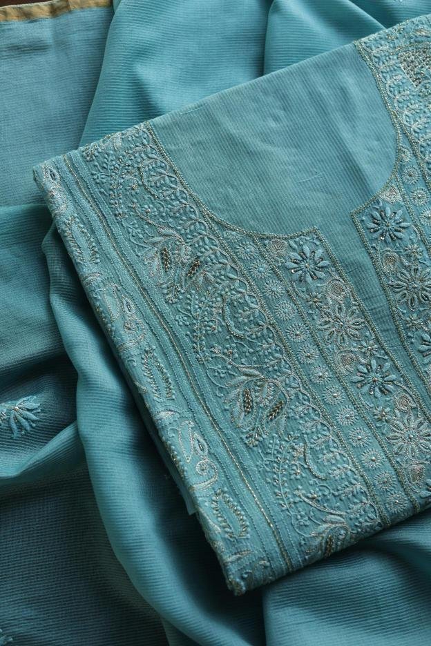 Sea Green Maheshwari Chikankari Unstitched Fabric