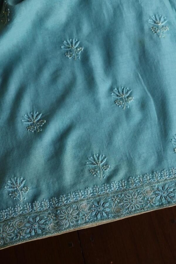 Sea Green Maheshwari Chikankari Unstitched Fabric - Image 3