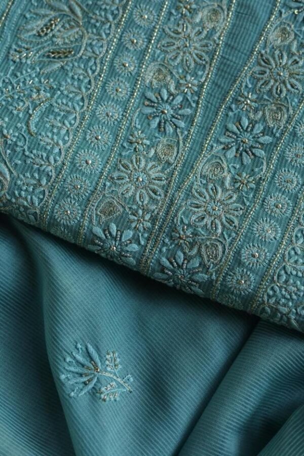 Sea Green Maheshwari Chikankari Unstitched Fabric - Image 6