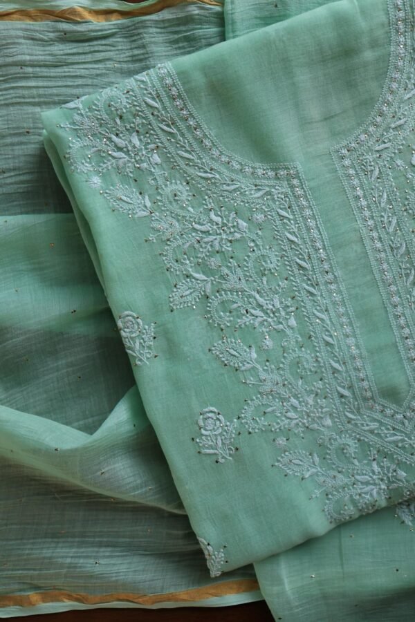 Sea Green Mal Cotton Chikankari Unstitched Kurta Dupatta Fabrics With Kamdani - Image 4