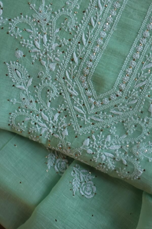Sea Green Mal Cotton Chikankari Unstitched Kurta Dupatta Fabrics With Kamdani - Image 2