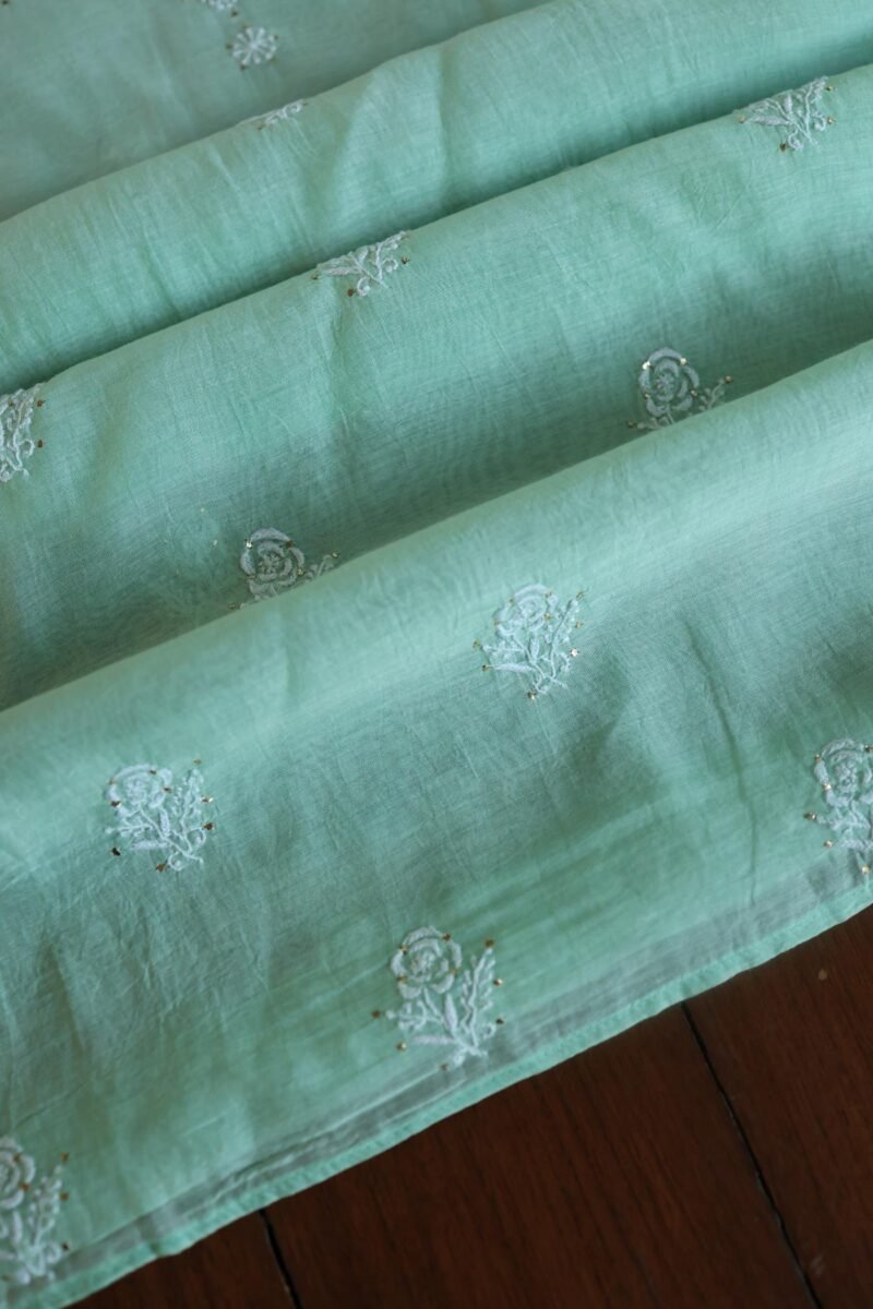 Sea Green Mal Cotton Chikankari Unstitched Kurta Dupatta Fabrics With Kamdani