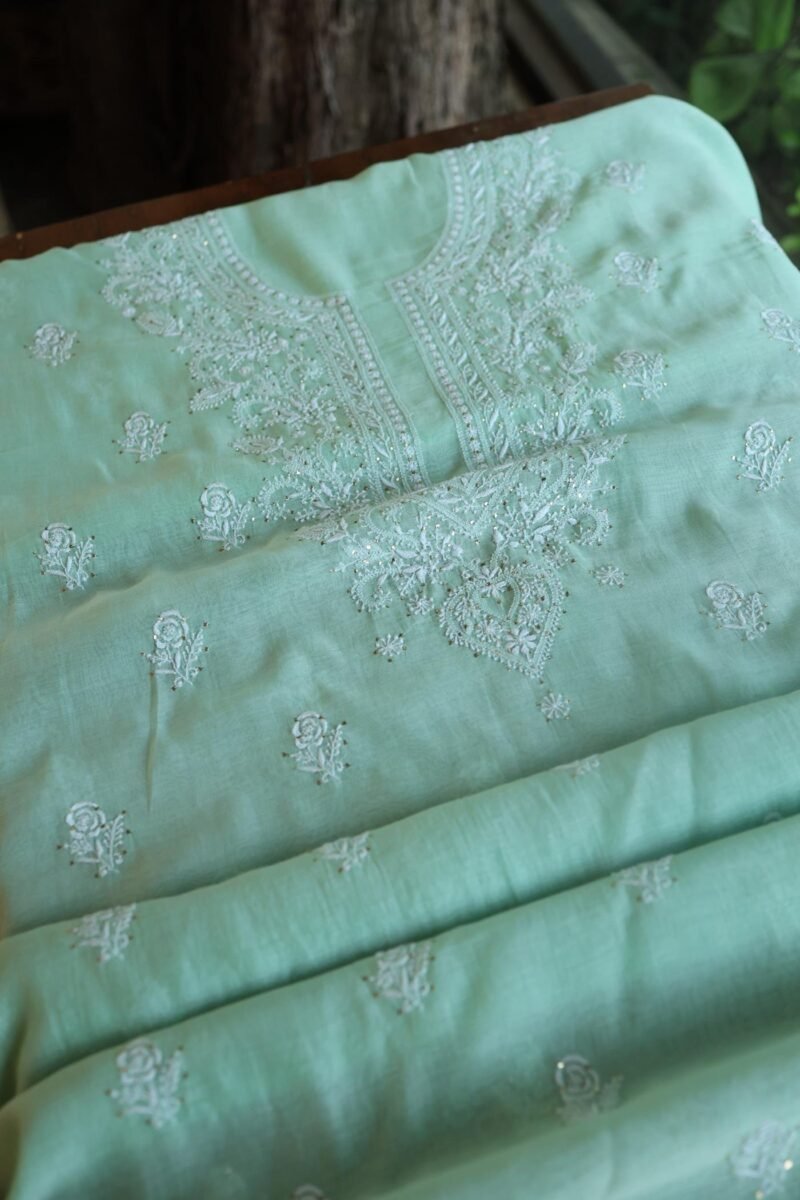 Sea Green Mal Cotton Chikankari Unstitched Kurta Dupatta Fabrics With Kamdani