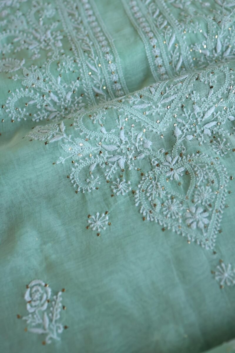 Sea Green Mal Cotton Chikankari Unstitched Kurta Dupatta Fabrics With Kamdani