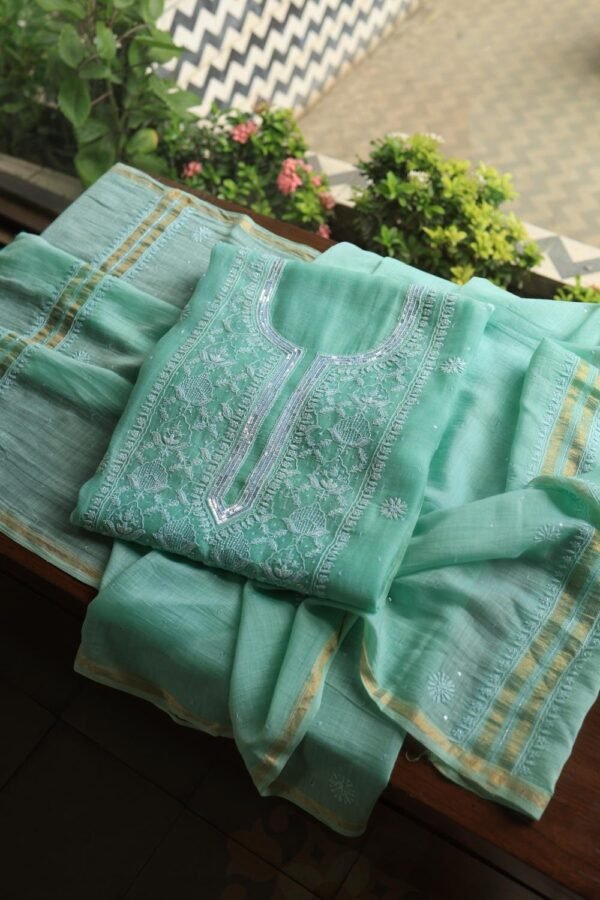 Sea Green Malmals Pearl Work Chikankari Fabrics - Image 16