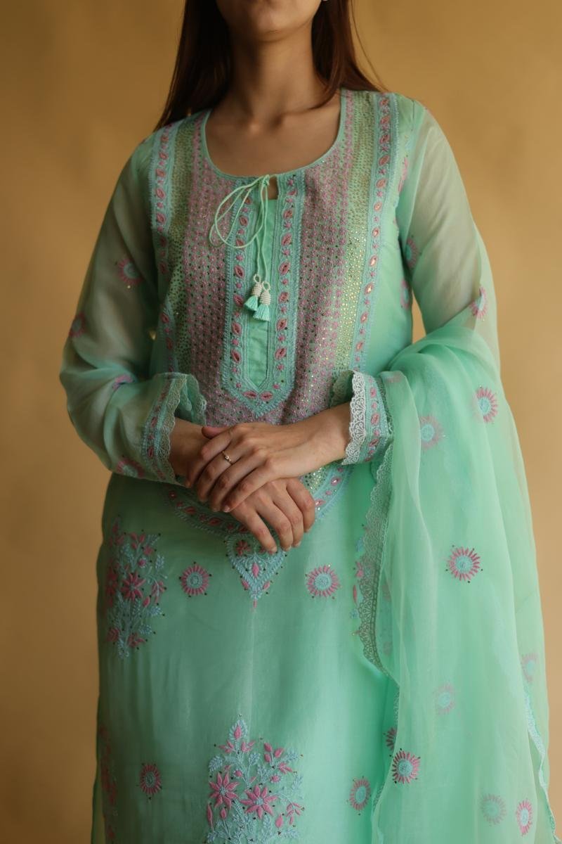 Sea Green Mukaish Kamdani Noor Organza Chikankari Kurta Set