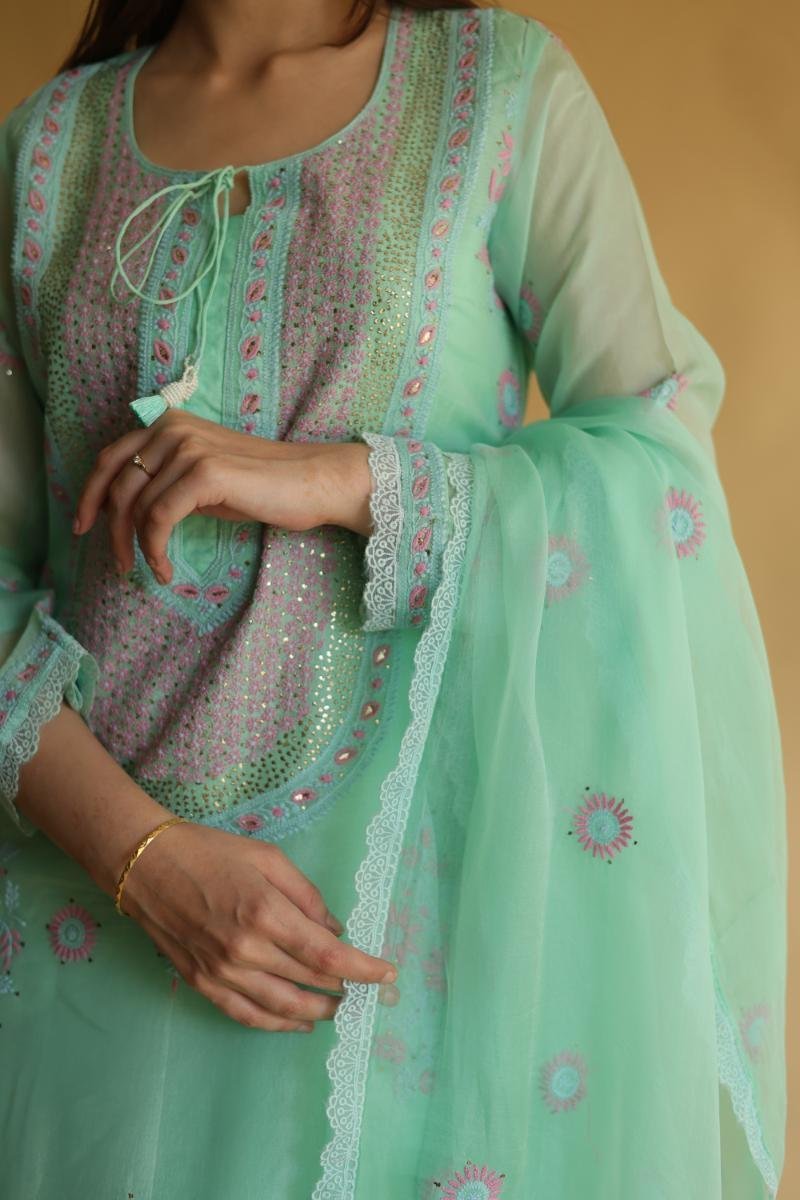 Sea Green Mukaish Kamdani Noor Organza Chikankari Kurta Set