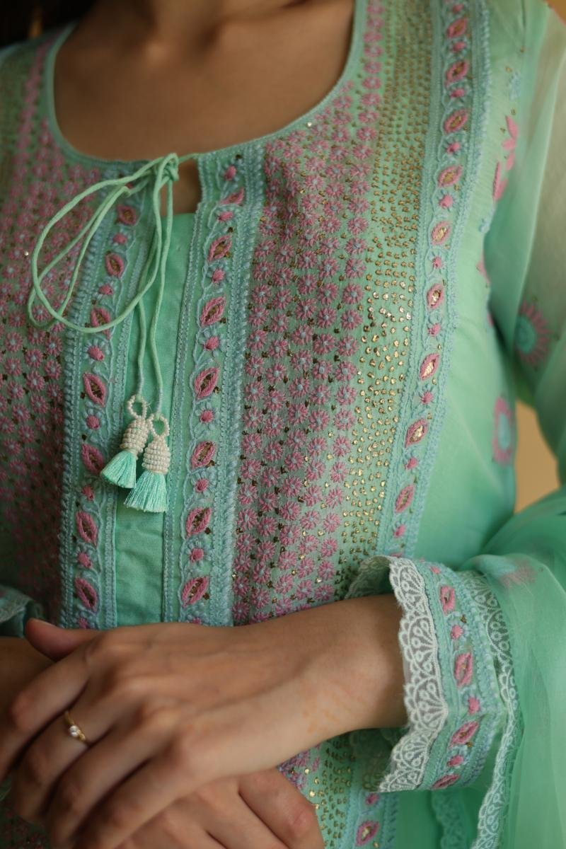 Sea Green Mukaish Kamdani Noor Organza Chikankari Kurta Set