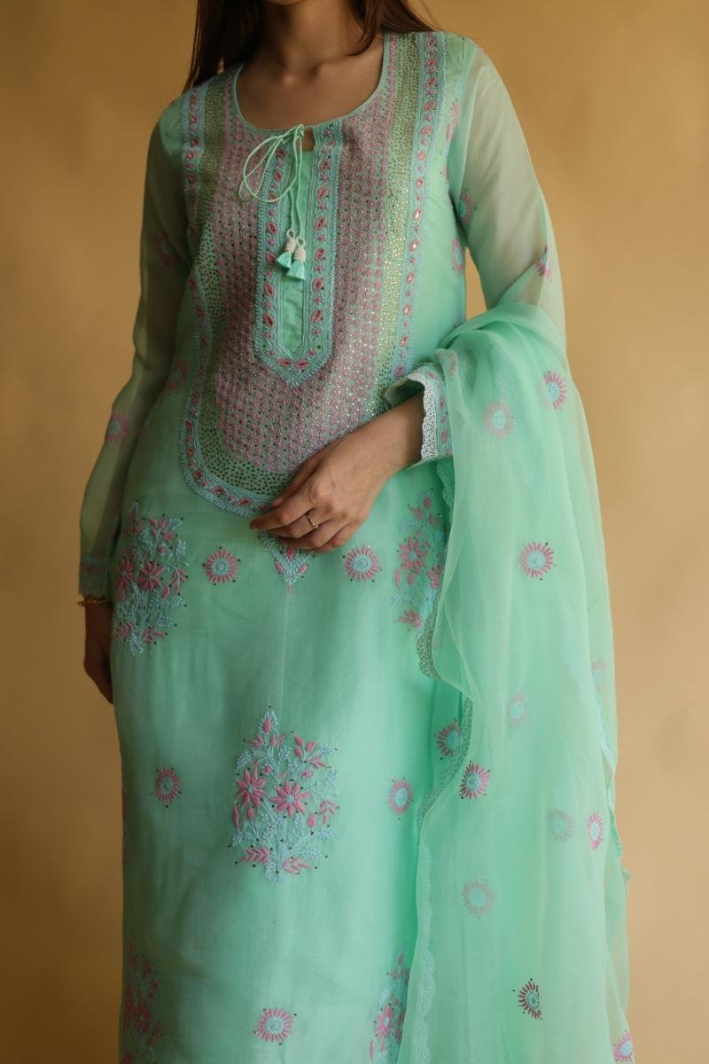 Sea Green Mukaish Kamdani Noor Organza Chikankari Kurta Set