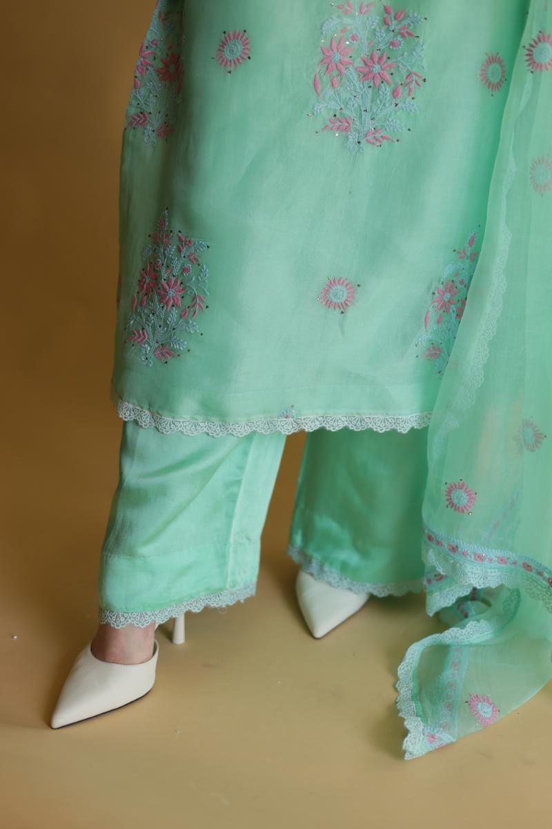 Sea Green Mukaish Kamdani Noor Organza Chikankari Kurta Set