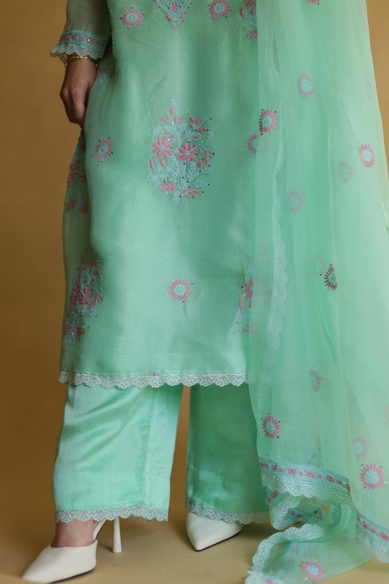 Sea Green Mukaish Kamdani Noor Organza Chikankari Kurta Set