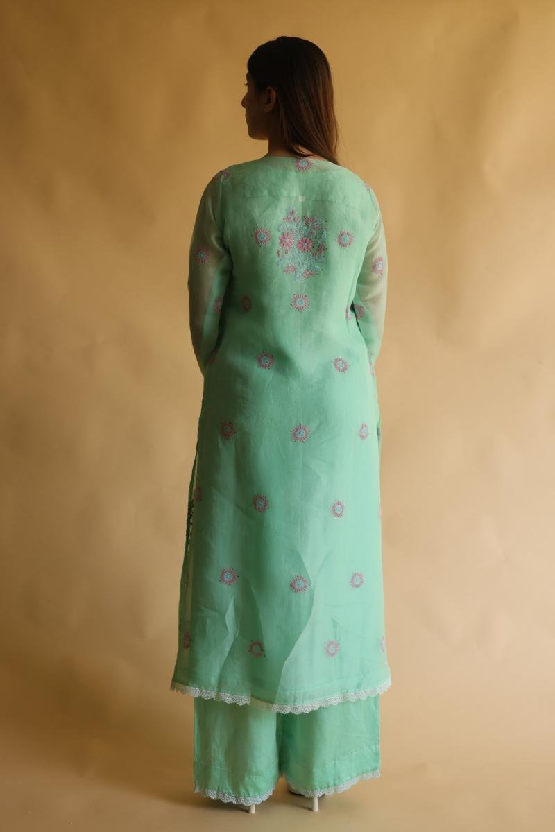 Sea Green Mukaish Kamdani Noor Organza Chikankari Kurta Set