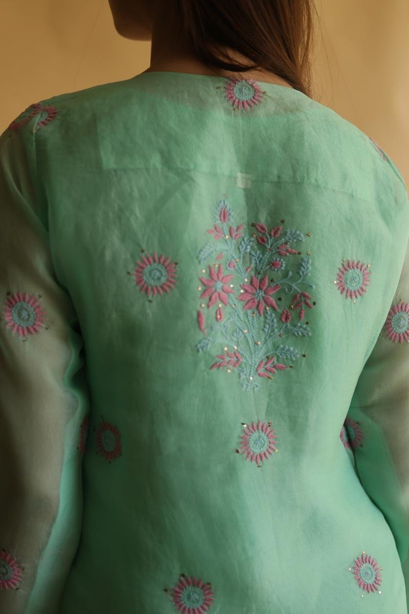 Sea Green Mukaish Kamdani Noor Organza Chikankari Kurta Set