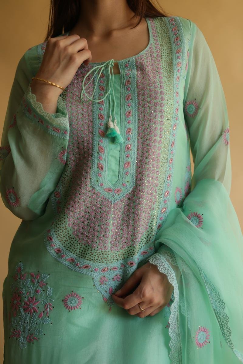Sea Green Mukaish Kamdani Noor Organza Chikankari Kurta Set